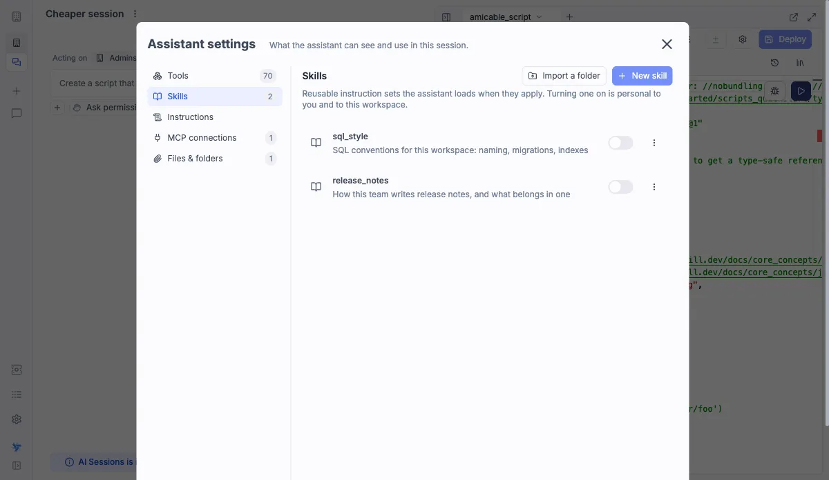 Skills in the assistant settings modal The Skills section of the assistant settings modal, with a switch on each skill