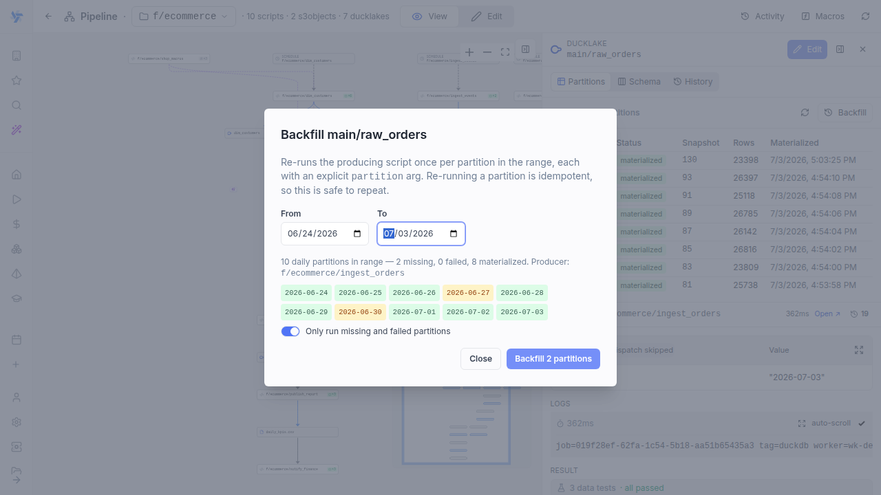 Backfill range picker previewing missing, failed and materialized partitions