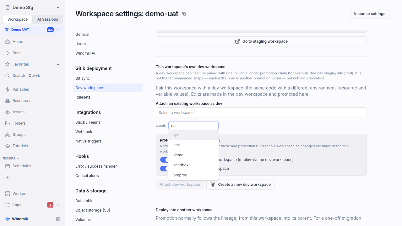 Environment label picker in a chain
