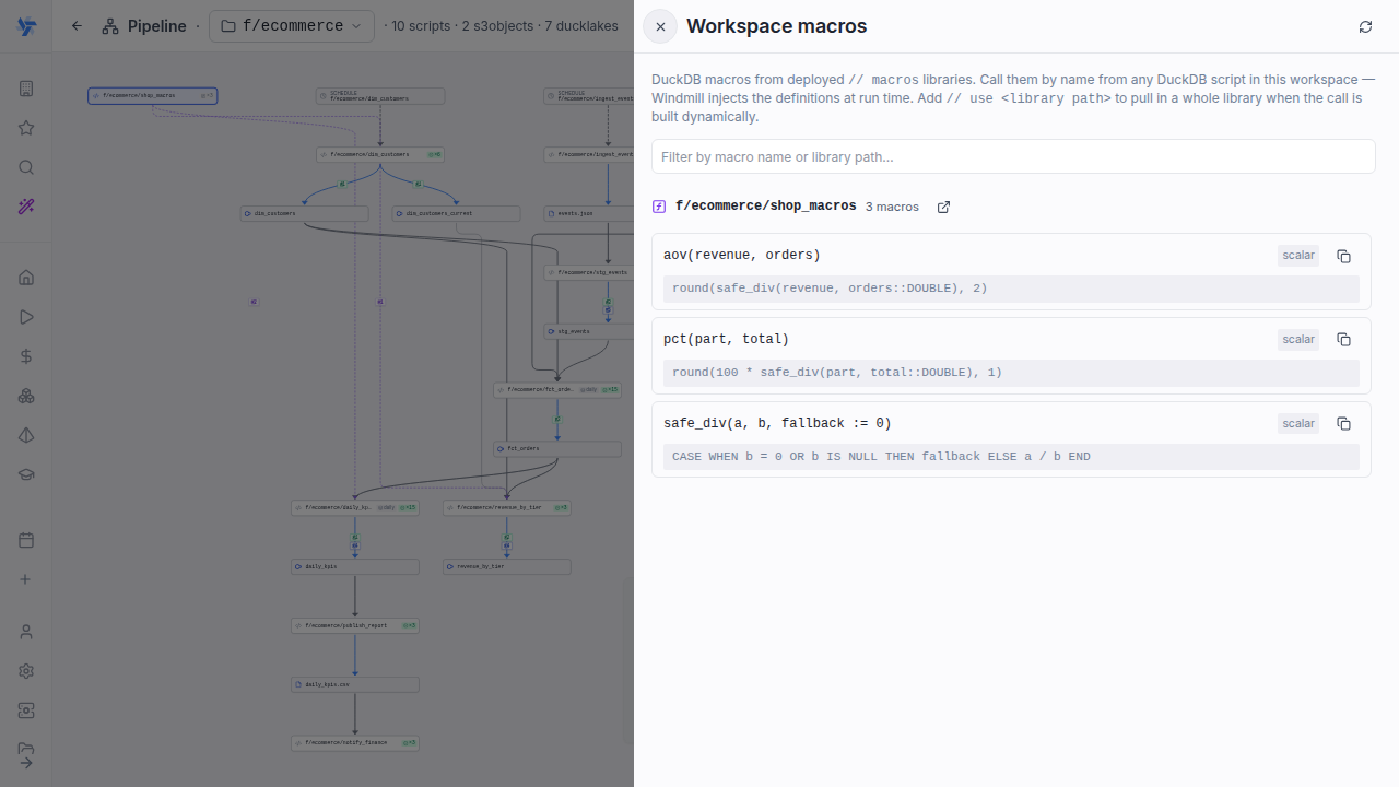The workspace macros explorer drawer