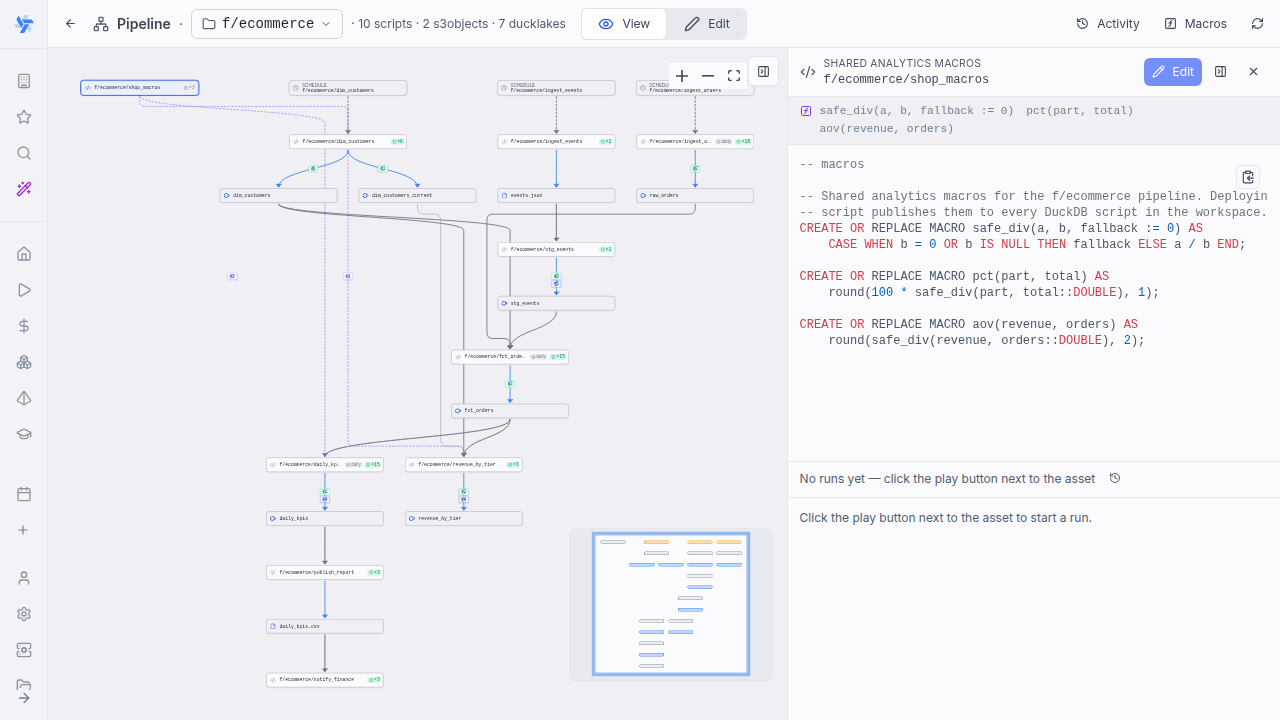 A macro library node in the pipeline graph with its signature strip and consumer edges