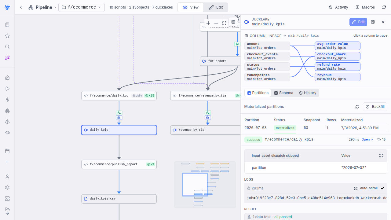 Column-lineage badge on a pipeline write edge