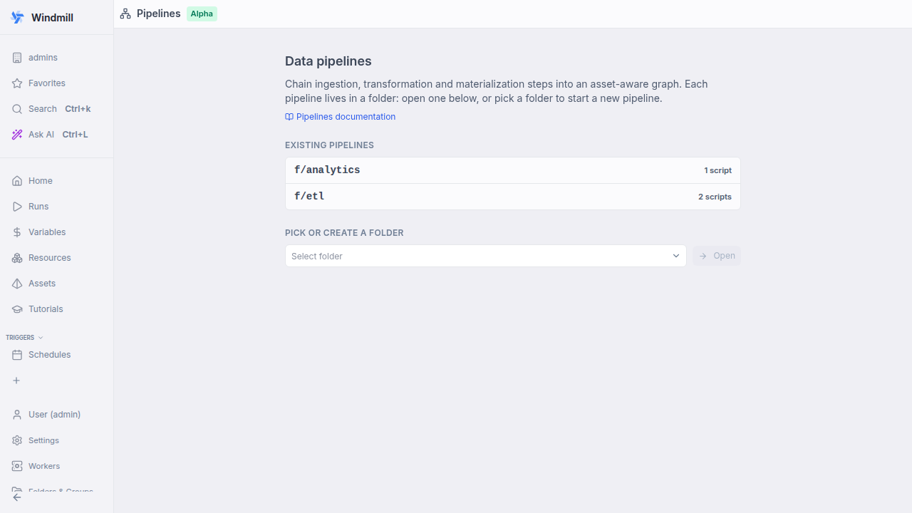 The pipelines index page