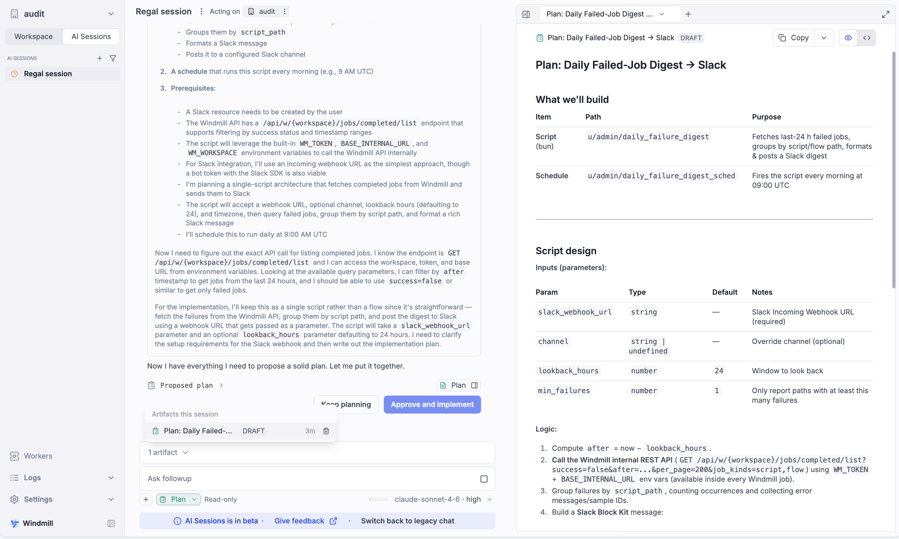 A proposed plan waiting for approval A session in plan mode: the proposed plan waits for approval in the chat, with buttons to keep planning or approve and implement, the plan document open in the preview panel with a draft badge, and the read-only Plan posture shown in the chat footer