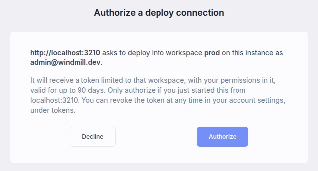 Authorization page on the remote instance Authorize a deploy connection