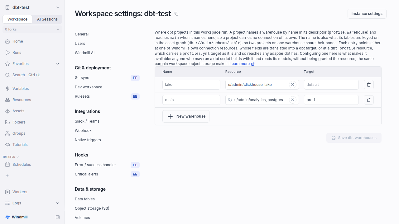 Workspace settings, dbt tab: a warehouses table with Name, Resource and Target columns - main on a Postgres resource with target prod, and lake on a dbt_profile resource